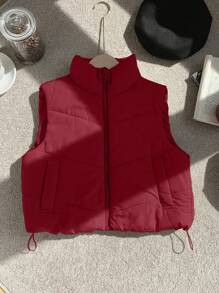 Comfortcana Winter Zip Up Double Face Snap Button Corduroy Drawstring Vest Coat - Red - View 6