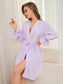 女士纯色喇叭袖荷叶边饰带腰带休闲长袍 - 紫色 - 查看 4