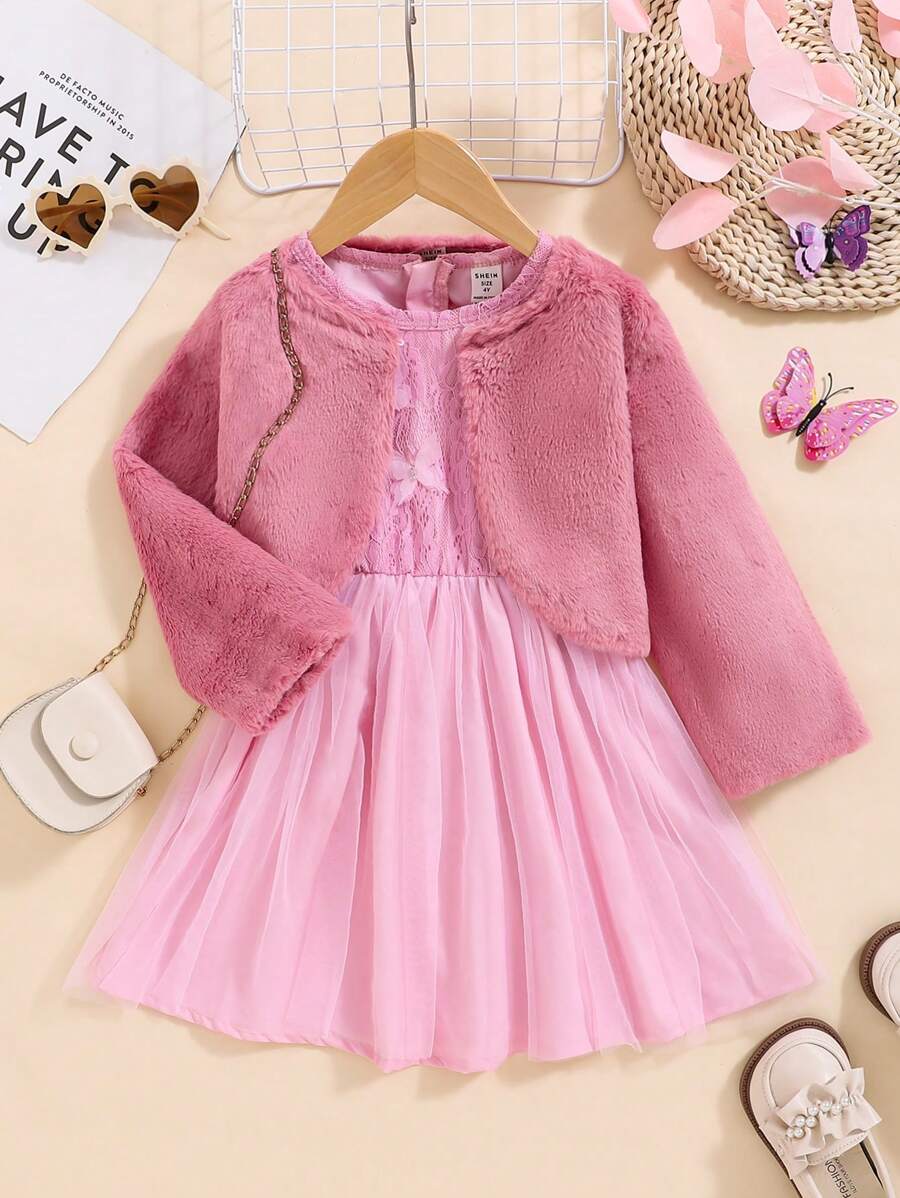 SHEIN 2 件套蓬松蕾丝蝴蝶袖网眼拼接连衣裙和开衫套装 - 粉色 - 查看 1