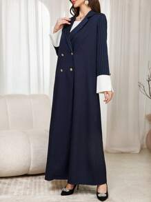 Al Najma 女士休闲翻领条纹撞色口袋纽扣简约长袍，优雅开放式适度长袖阿拉伯长袍带纽扣，适合日常休闲/工作 - 藍色 - 查看 5