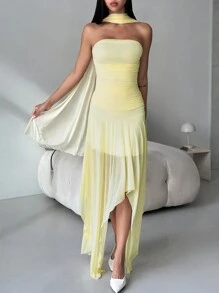 Firerie 女士优雅派对礼服，搭配不规则下摆褶饰网眼围巾系带紧身露肩黄色连衣裙 - 黃色 - 查看 3