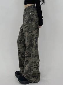 DAZY Loose Fit Flare Leg Long Jeans For Women, Camo Denim Pants