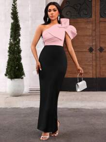 SHEIN Lady 婚礼宾客礼服 黑色和撞色蝴蝶结立体造型齐腰长裙 - 粉色 - 查看 4