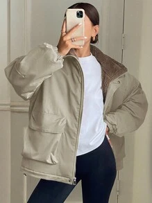 DAZY 1 件女士纯色宽松长袖口袋保暖衬里棉衣，冬季女装，冬季外套女士夹克 - 卡其色 - 查看 1