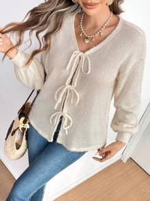 SHEIN Frenchy Women's Solid Color V-Neck Tie Front Long Sleeve Top, Autumn/Winter, Ladies' Oversized Solid Color Knotted Open Front Top, Commute, Minimalist, Office Wear, Old Money, Simple, Women's Tie Front Belt Solid Color Top, Can Be Worn Over A T-Shirt, Oversized Cute Top, We Recommend Buying One Size Smaller! Super Warm And Soft!