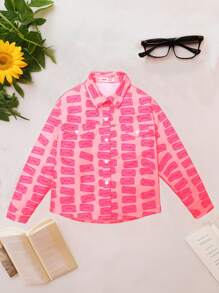 Tween Girls All Over Print Turn-Down Collar Jacket, Fashionable Street Style, Autumn - Hot Pink - View 1