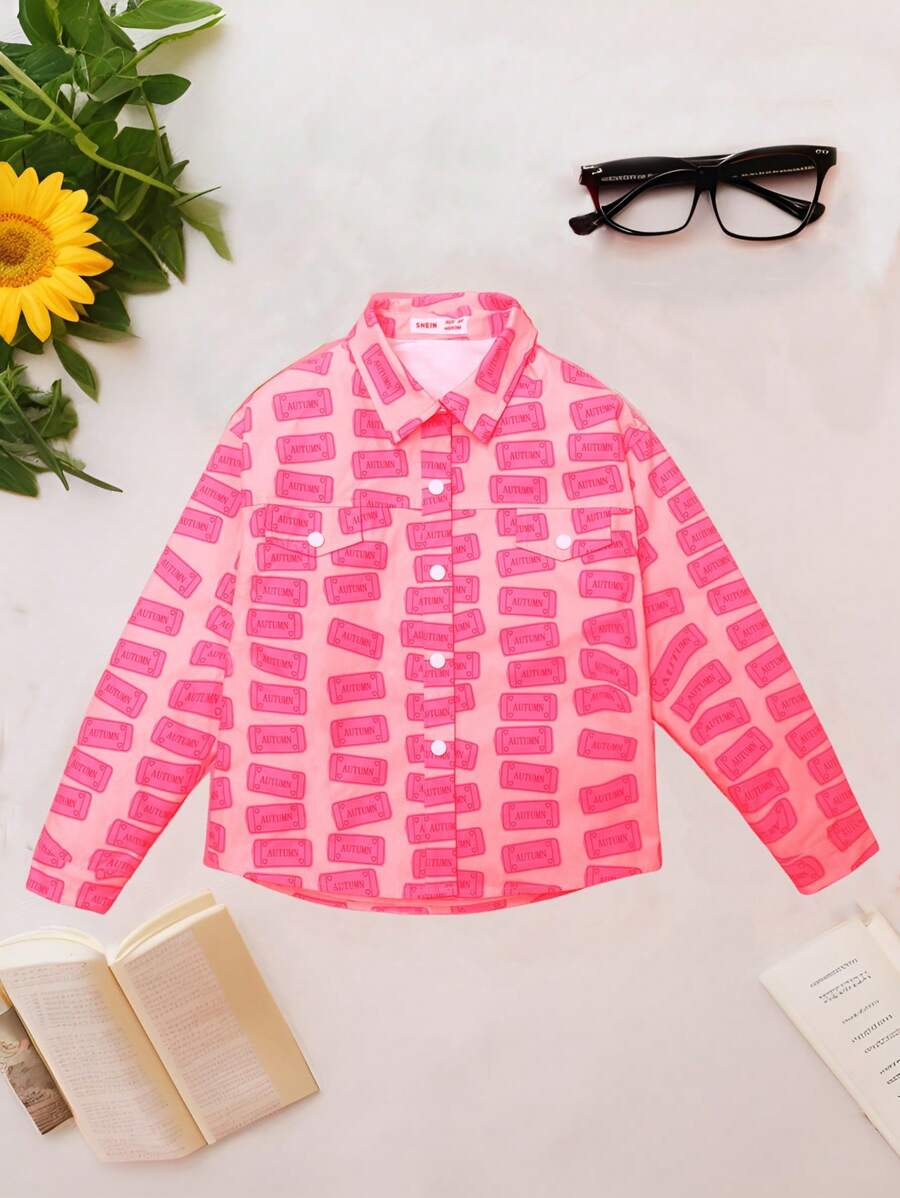 Tween Girls All Over Print Turn-Down Collar Jacket, Fashionable Street Style, Autumn - Hot Pink - View 1
