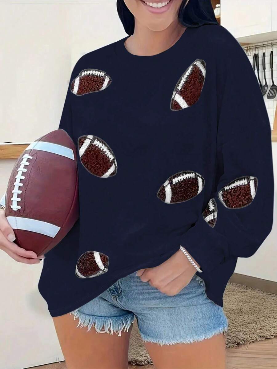 INAWLY Plus Size Casual All-Over Football Print Drop Shoulder Loose T-Shirt, Spring/Autumn