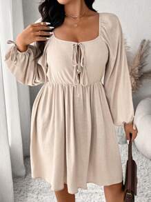 SHEIN Frenchy Plus Size Women Casual Solid Color Lantern Sleeve Dress, Autumn - Apricot - View 3