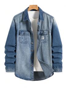 Manfinity Homme 1pc Men Casual Everyday Button-Up Washed Denim Shirt, Autumn - Dark Wash - View 1