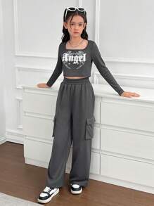 2 piezas Conjunto de top de manga larga con estampado de alas y pantalón cargo de canalé suave y cálido para niñas preadolescentes, otoño