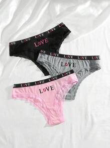 3pcs/Pack Comfortable Contrast Lace Letter Waistband Triangular Briefs - Multicolor - View 4
