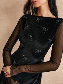 Poéselle 黑色天鹅绒连衣裙，女士时尚撞色网眼蝴蝶结连衣裙，优雅设计，适合秋冬 FW24，喇叭袖连体连衣裙，水钻蝴蝶结连衣裙，秋季服装，晚礼服，黑色长袖连衣裙，俱乐部女士服装，派对女士连衣裙，适合日常街头、派对、宴会、婚礼宾客等场合穿着 - 黑色 - 查看 6