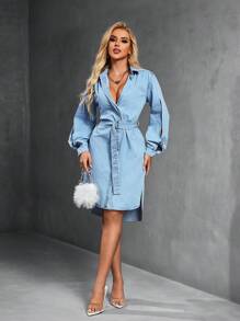 SHEIN SXY Front Zip Up Long Sleeve Simple Short Denim Dress, Casual For Daily Wear - Light Wash - View 6