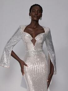 Elitara Elegant White & Champagne Color Novelty Sequin Shoulder Pad Long Lantern Sleeve V Neck Mesh Insert High Waist Mermaid Tail Maxi Evening Gown With Train, Formal Dress Long Sleeve Wedding Guest Dress, For Graduation - White - View 4