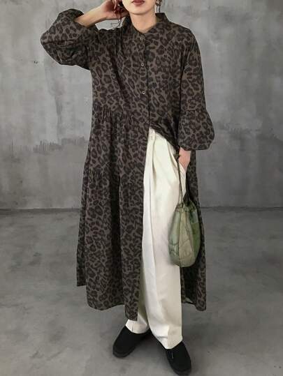 FRIFUL Women Casual Midi Loose Lantern Sleeve Leopard Print Dress, Autumn Everyday Wear