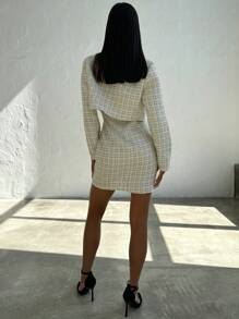 Firerie Autumn/Winter Elegant Tweed Pearl Decor Cropped Jacket Set & Tube Top Mini Skirt Suit, Party & Date Outfit - White - View 6