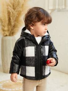 SHEIN 男婴 2 岁以上经典格子保暖内衬连帽加厚夹克，厚实保暖，适合 0-10°C 冬季环境户外穿着 - 黑色 - 查看 3