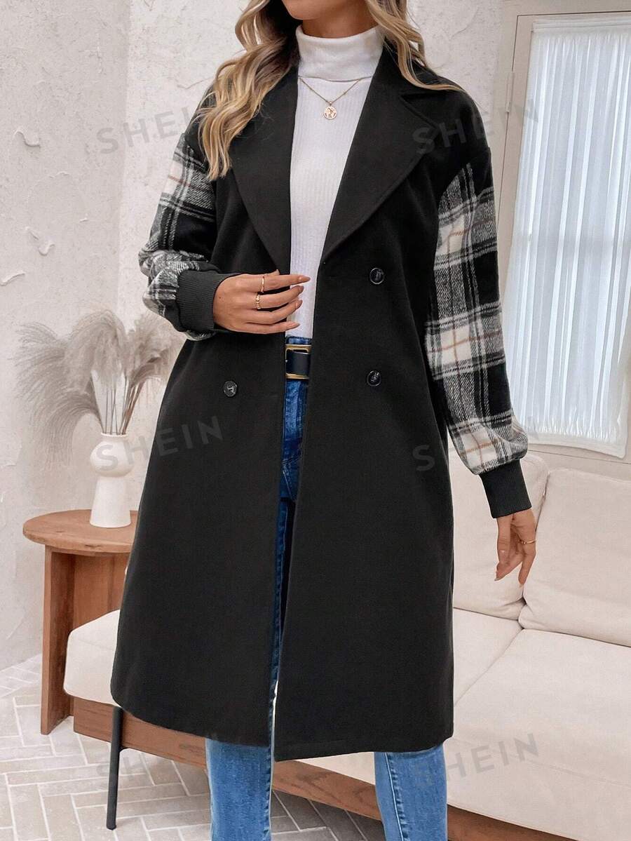 EMERY ROSE Chaqueta casual de mujer con solapa y doble botonadura, en diseño de patchwork a cuadros