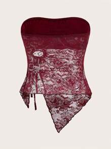 Sweetina Tie Front Lace Tube Asymmetrical Top - Rose Red - View 2