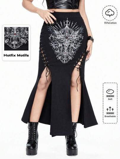 ROMWE Goth Sexy Lace-Up Cross Print Rhinestone Embellished High Slit Bodycon Skirt For Women