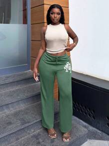 Slaydiva Quần dài bó ống đứng màu trắng đơn giản, giản dị, phong cách đường phố, co giãn, có dây rút dành cho nữ - Màu xanh lá cây đậm - Xem 4