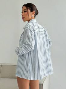 SHEIN Unity 女士休闲落肩长袖宽松浅蓝色条纹衬衫，秋季 - 淺藍色 - 查看 2