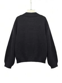 SHEIN LUNE 复古风格宽松前开长袖纯色女式开衫，秋冬款 - 黑色 - 查看 4