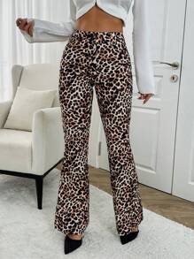EURMUSE Leopared Printed Flare Leg Pants - Brown - View 6