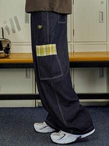 DAZY Quần Jeans Ống Rộng Thêu Chữ Mùa Thu Cho Nam - Màu xanh lam - Xem 6