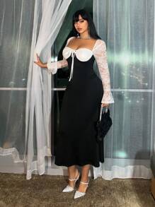 Flirla Vestido longo plus size sexy, com recortes de renda, manga longa, costas abertas, amarração frontal, para mulheres