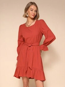 SHEIN Unity 1pc Women's Solid Color Crew Neck Long Sleeve Simple Casual Tie-Up Dress, Chic And Elegant Fall Cloth For Women - Redwood - View 3