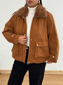 Flirla Plus Size Solid Color Fluffy Patchwork Fox Fur Collar Winter Clothes Casual Padded Padded Coat - Brown - View 6