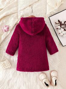 Infant Plain Front Button Long Sleeve Minimalist Hooded Padded Coat - Burgundy - View 2