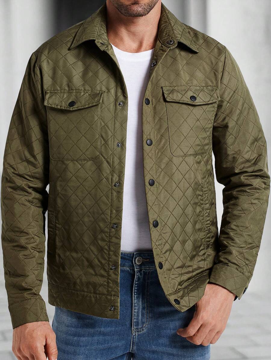 Manfinity Homme Men's Argyle Pattern Air Layer Casual Jacket ,Men Jacket ,Fall Men Clothes - Army Green - View 1