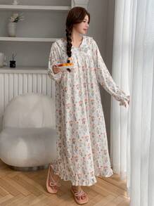 DAZY Floral Allover Print Loose Ruffled Collar Nightgown Pajama, Fall - Beige - View 1