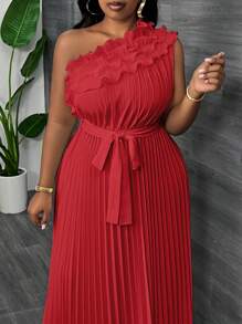 Slaydiva Plus Size Elegant Luxurious Asymmetric Ruffle Waist Gathered Dress, Apricot Color, Summer - Red - View 5
