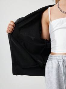 SHEIN Chaqueta con capucha con cremallera minimalista de color negro para niñas preadolescentes