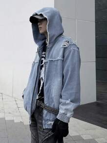 Manfinity EMRG 男士仿旧洗水拉链牛仔夹克，适合休闲外出 - 藍色 - 查看 4