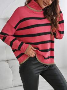 Chiquease New Loose Knit Jumper Sweater, Casual & Comfortable European And American Style, Stripe Pattern, Soft Fabric, Suitable For Autumn/Winter Knit Pullover Fall Outfit