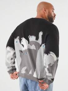 Manfinity VCAY Plus Size Men's Cat Pattern Loose Crew Neck Drop Shoulder Pullover Sweater, Suitable For Autumn/Winter - Multicolor - View 3
