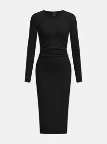 Girlism Teen Girls Solid Color Ribbed Long Sleeve Knitted Fitted Midi Dress, Autumn/Winter - Multicolor - View 7