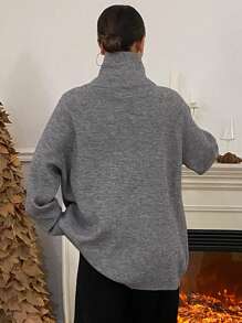 DAZY Solid Color Loose Long Sleeve High Collar Zip Up Asymmetric Women Cardigan,Long Sleeve Tops,Fall Women Clothes - Grey - View 2