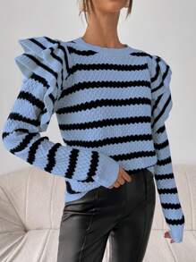 Chiquease 休闲日常罗纹荷叶边宽松长袖毛衣，秋冬