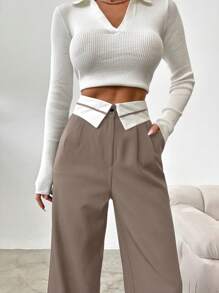 EURMUSE Women's Spring Autumn High Waist Flared Wide Leg Loose Straight Palazzo Pants With Rolled Hem, Elegantly Draping