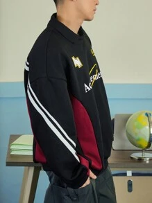 DAZY Men's Patchwork Letter Print Pullover Sweatshirt, Autumn - Black - View 5