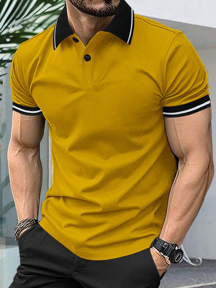Manfinity Homme Men's Plain Color Splicing Front Button Short Sleeve Simple Casual Polo Shirt - Yellow - View 1