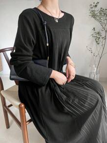 FRIFUL 女士休闲纯色圆领宽松长裙，秋季长袖连衣裙