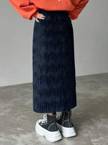 FRIFUL Women Casual Solid Color Textured Fabric Skirt - Navy Blue - View 4