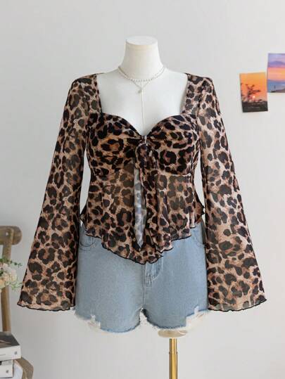 Soleia Blusa larga con manga de cuello alto y abertura delantera con nudo, estampado floral y de leopardo, talla grande, para vacaciones y vuelta al colegio, otoño